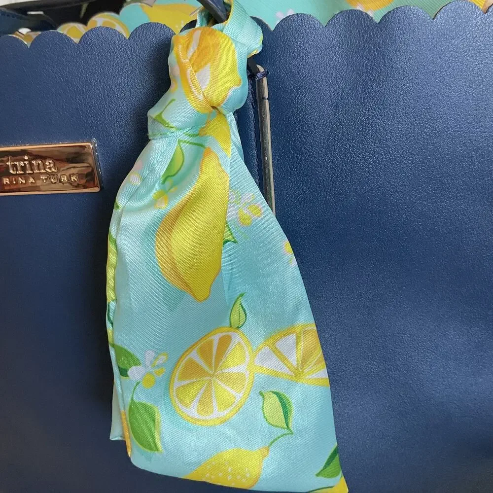 Trina Turk Blue Tote Bag Lemon Pattern interior and Lemon Scarf Open top - Picture 6 of 6